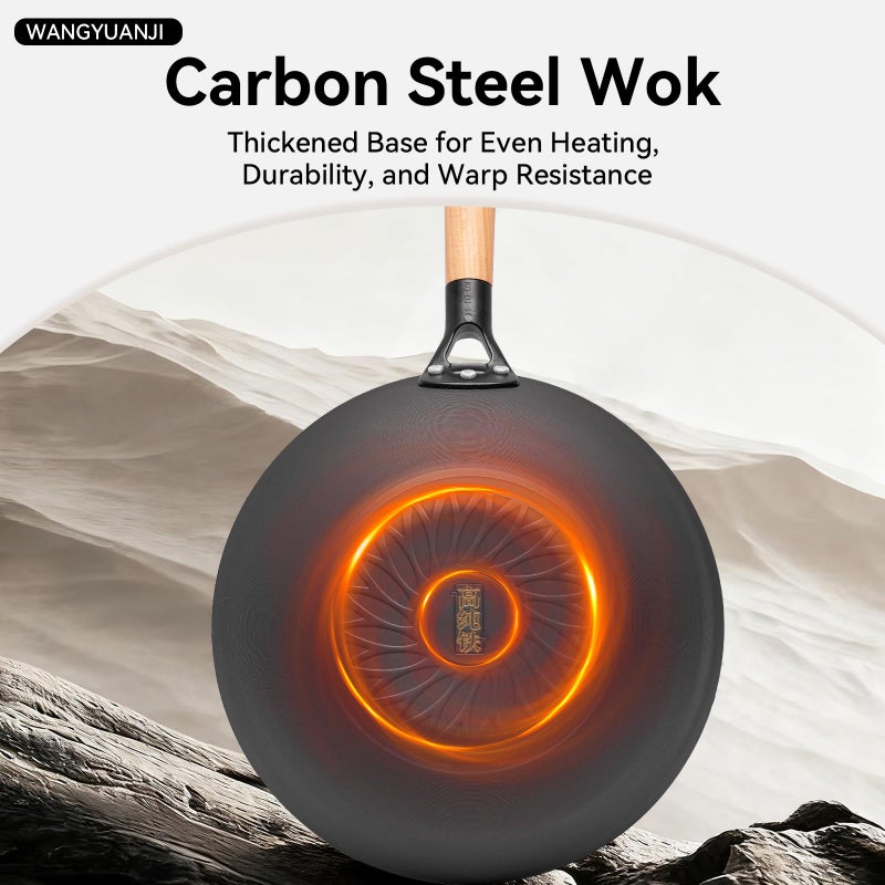 WANGYUANJI 11.8" High Purity Iron Wok Pan,Flat Bottom Stir Fry Pan for Electric,Induction & Gas Stoves,No Chemical Coating Carbon Steel Alternative,Traditional Hand-Hammered Skillet for Cooking - Image 5