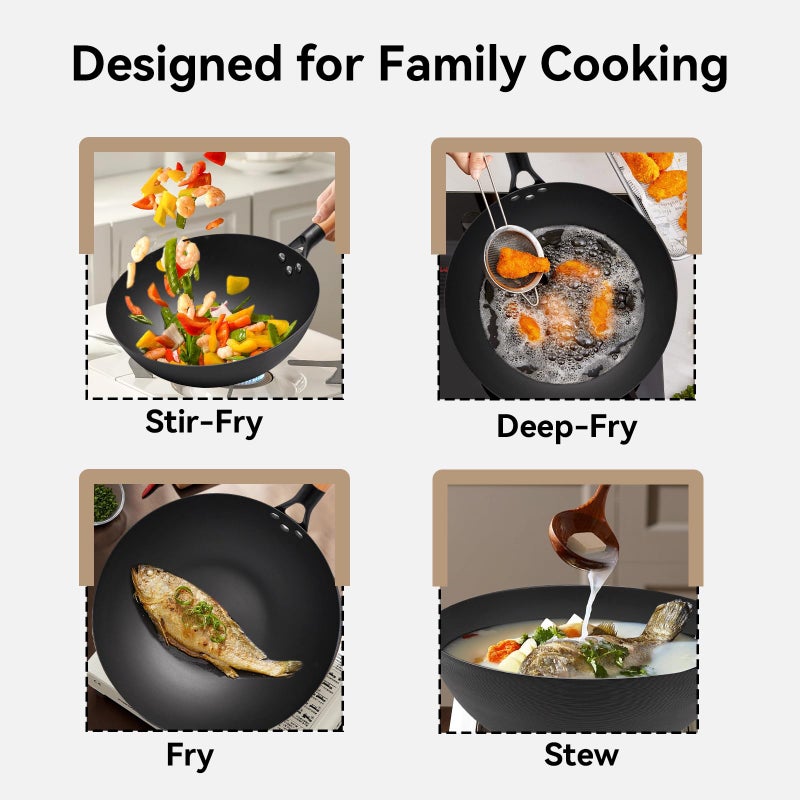 WANGYUANJI 11.8" High Purity Iron Wok Pan,Flat Bottom Stir Fry Pan for Electric,Induction & Gas Stoves,No Chemical Coating Carbon Steel Alternative,Traditional Hand-Hammered Skillet for Cooking - Image 4