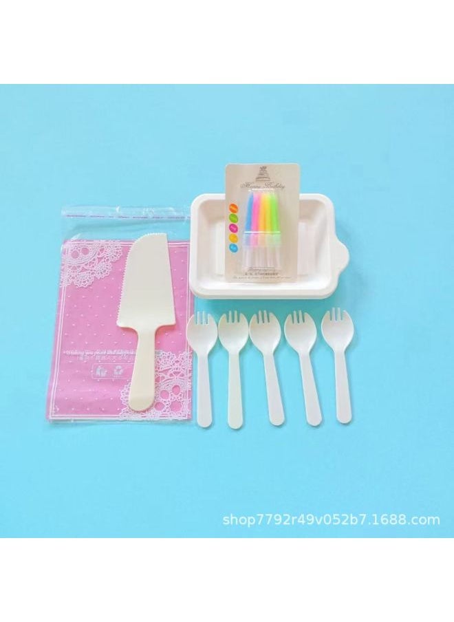 Generic Cake Shop Tableware Birthday Cake Paper Plate Spoon Fork Birthday Daily Supplies Disposable Suit Environmental Protection-Color:Milk Tea White-Specifications:5 Plates, 5 Prongs + Machete  - Image 1