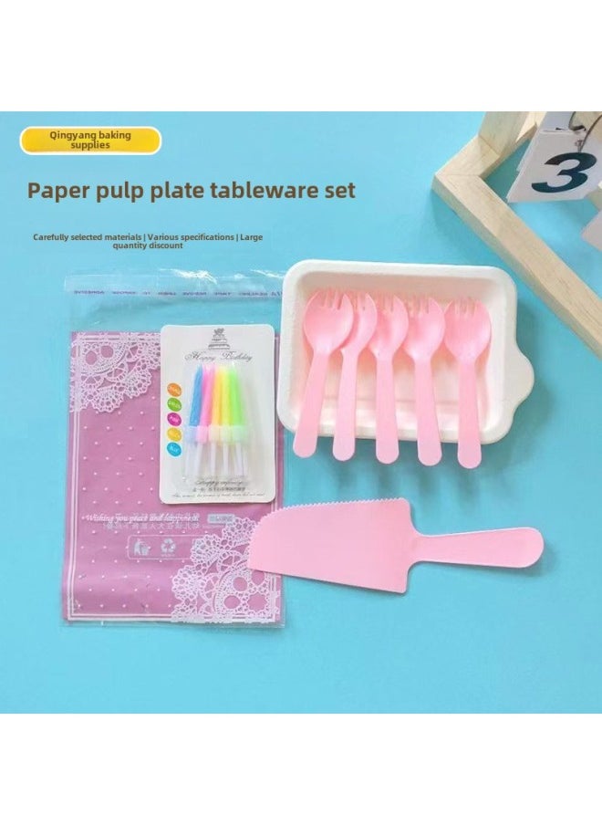 Generic Cake Shop Tableware Birthday Cake Paper Plate Spoon Fork Birthday Daily Supplies Disposable Suit Environmental Protection-Color:Milk Tea White-Specifications:5 Plates, 5 Prongs + Machete  - Image 2