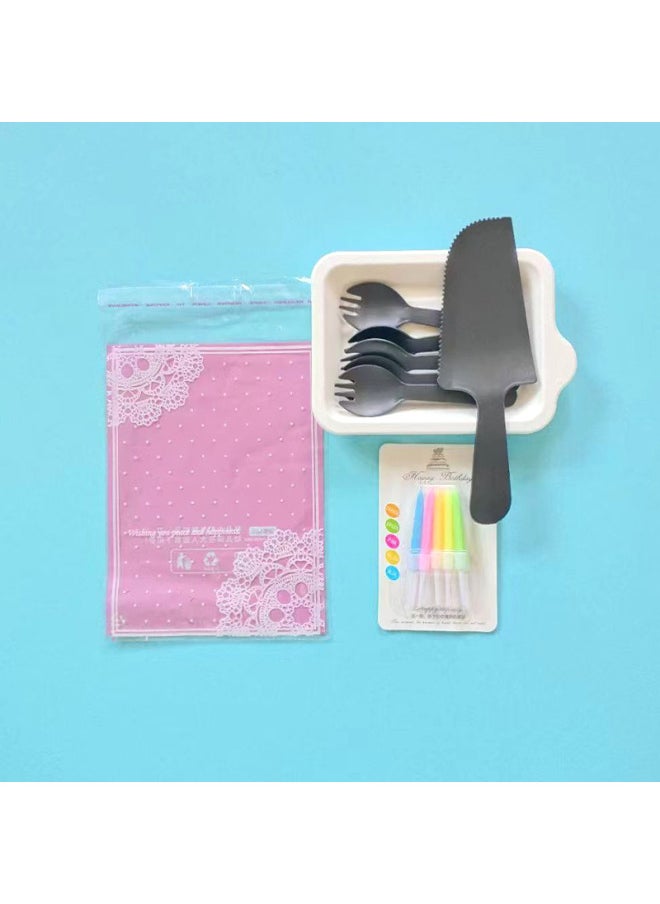 Generic Cake Shop Tableware Birthday Cake Paper Plate Spoon Fork Birthday Daily Supplies Disposable Suit Environmental Protection-Color:Milk Tea White-Specifications:5 Plates, 5 Prongs + Machete  - Image 3