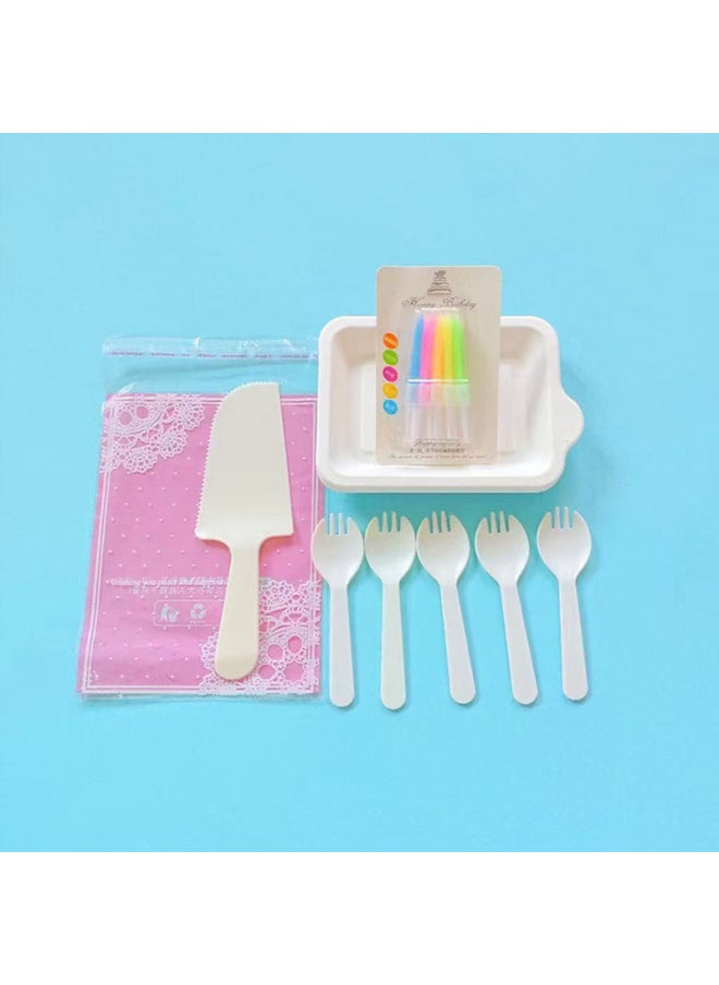 Generic Cake Shop Tableware Birthday Cake Paper Plate Spoon Fork Birthday Daily Supplies Disposable Suit Environmental Protection-Color:Milk Tea White-Specifications:5 Plates, 5 Prongs + Machete  - Image 4
