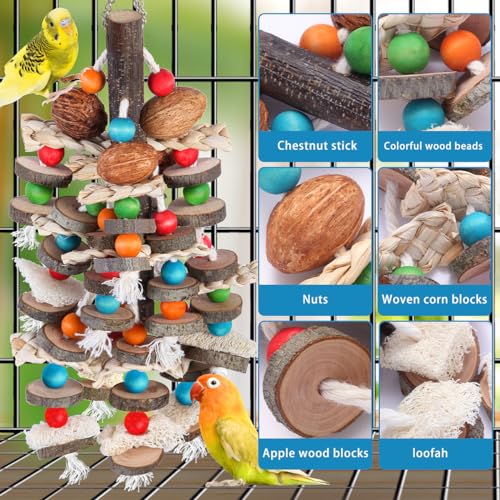 BBjinronjy Large Parrot Toys Bird Chewing Toys-Natural Nuts Corn Loofah Wooden Bird Cage Toy for African Grey,Macaws,Conure,Cokatoos,Cockatiel,Amazon Parrots and Other Medium and Small Birds - Image 4