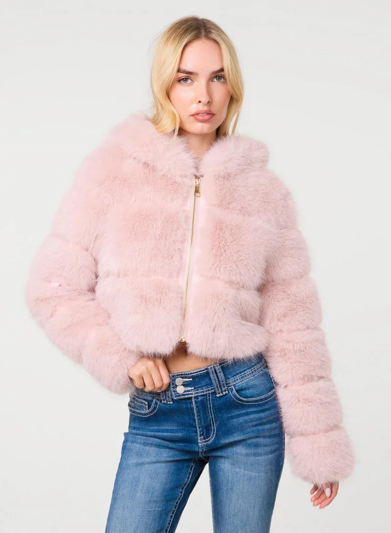 Pink Vanilla  Hooded Faux Fur Cropped Coat for Women | Best Price UAE