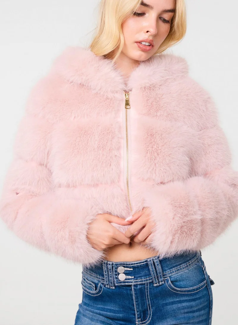 Pink Vanilla  Hooded Faux Fur Cropped Coat for Women | Best Price UAE