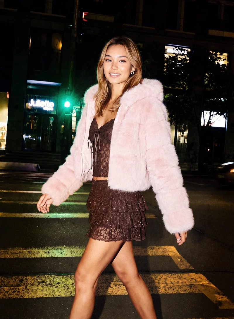 Pink Vanilla  Hooded Faux Fur Cropped Coat for Women | Best Price UAE