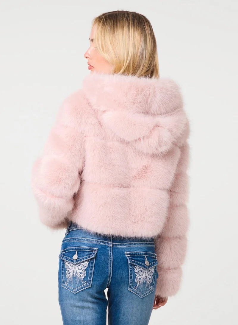 Pink Vanilla  Hooded Faux Fur Cropped Coat for Women | Best Price UAE