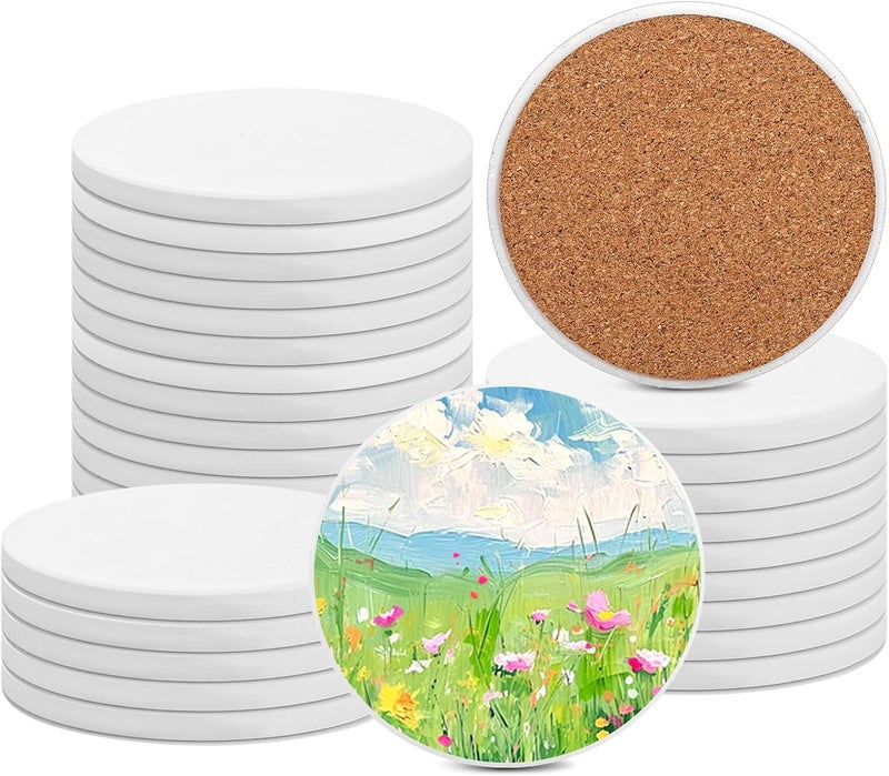 APACALI Ceramic Coasters Set of 25, 10 x 10cm / 4 x 4Inch Ceramic Tiles, Round Ceramic Coasters with Cork Backing Pads, Sublimation Coasters Blank for Inks Art Painting DIY, 7mm Thick - Image 1