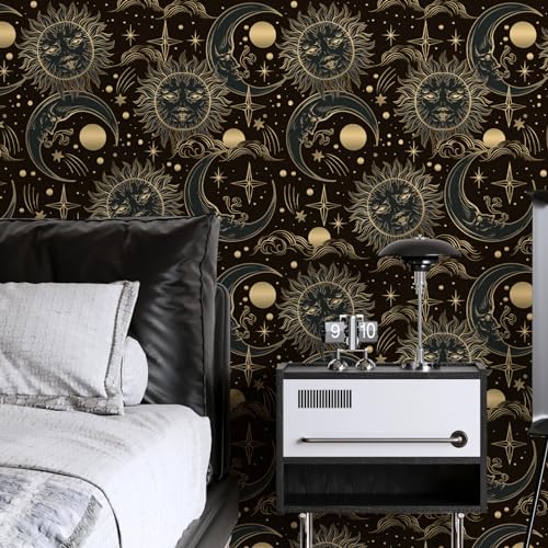 WENMER Celestial Wallpaper 17.3” X 118” Gothic Peel and Stick Wallpaper Dark Brown and Yellow Contact Paper Sun/Moon/Star Wallpaper Self Adhesive Vintage Night Sky Wallpaper for Bathroom Bedroom - Image 3