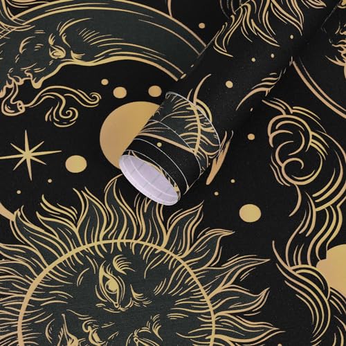 WENMER Celestial Wallpaper 17.3” X 118” Gothic Peel and Stick Wallpaper Dark Brown and Yellow Contact Paper Sun/Moon/Star Wallpaper Self Adhesive Vintage Night Sky Wallpaper for Bathroom Bedroom - Image 5