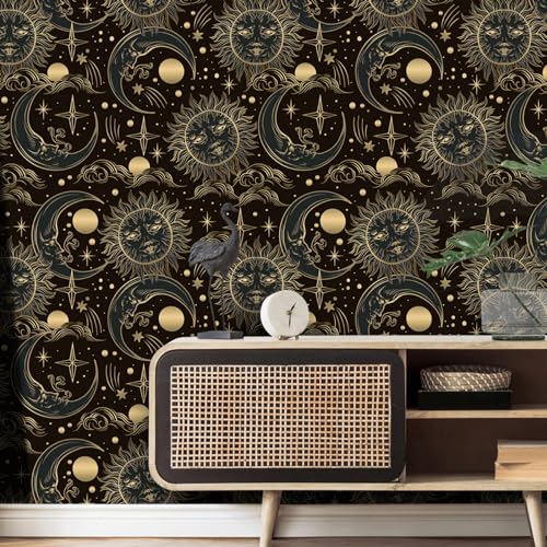 WENMER Celestial Wallpaper 17.3” X 118” Gothic Peel and Stick Wallpaper Dark Brown and Yellow Contact Paper Sun/Moon/Star Wallpaper Self Adhesive Vintage Night Sky Wallpaper for Bathroom Bedroom - Image 2