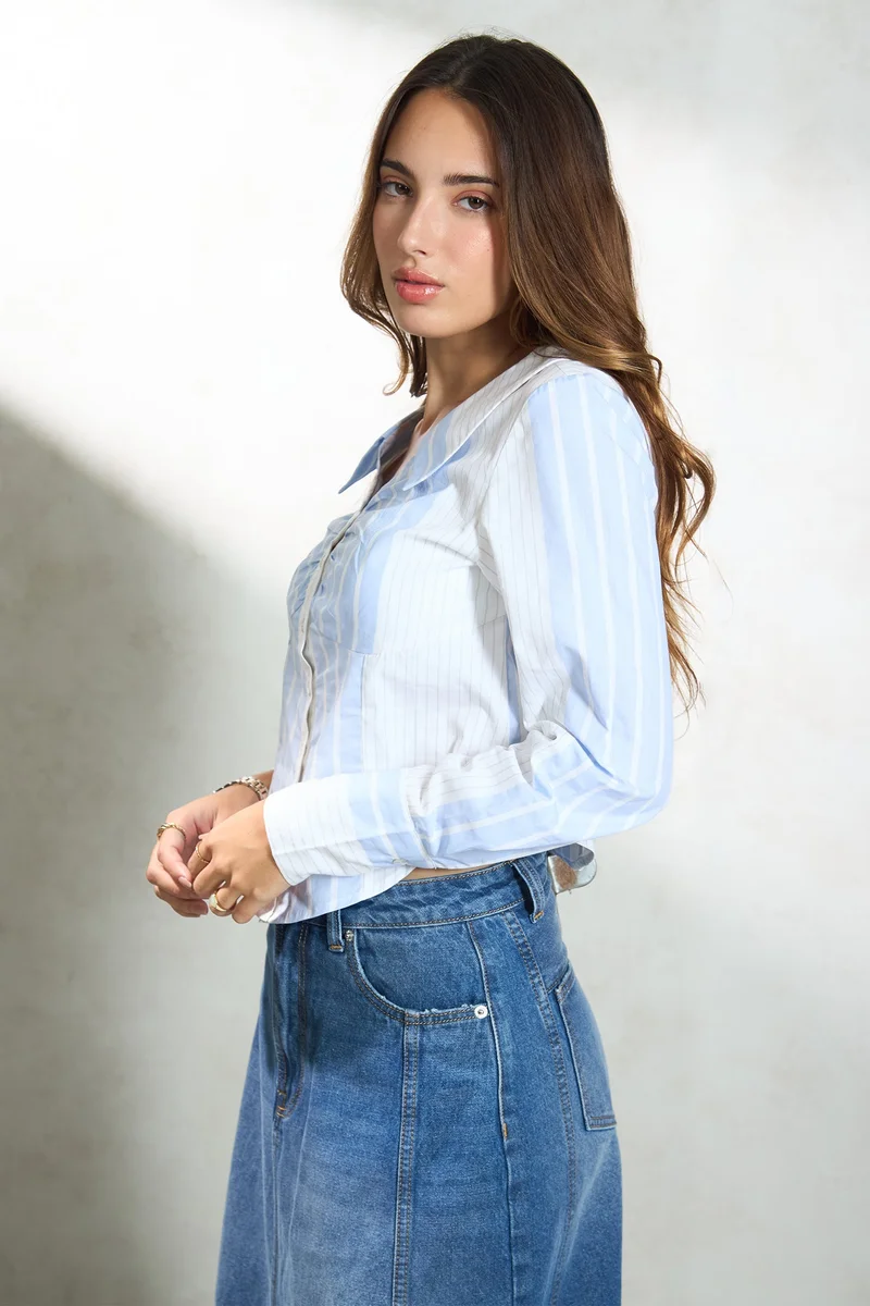 Virgio Cotton Stripe Workwear Bustier Style Crop Shirts for Women