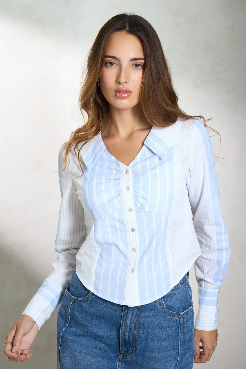 Cotton Stripe Workwear Bustier Style Crop Shirts for Women