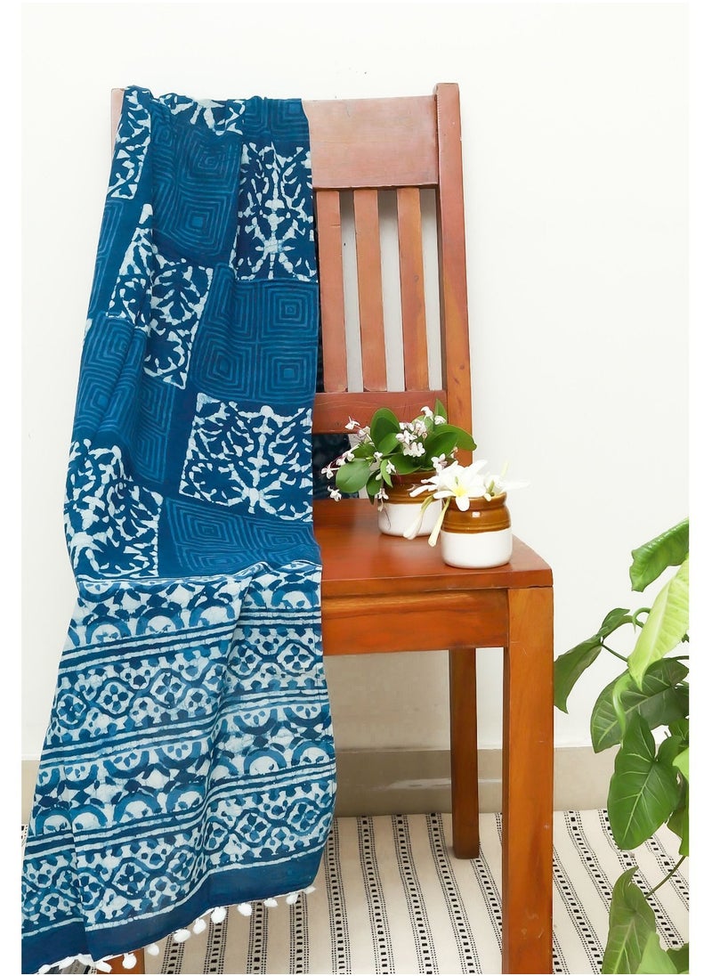 OJARIYA - Blue Dye Block Printed Organic Muslin Cotton Scarf Stole - Image 1