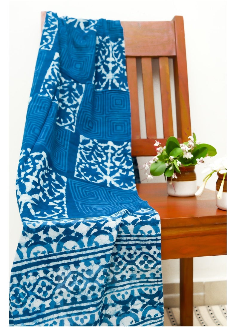 OJARIYA - Blue Dye Block Printed Organic Muslin Cotton Scarf Stole - Image 1