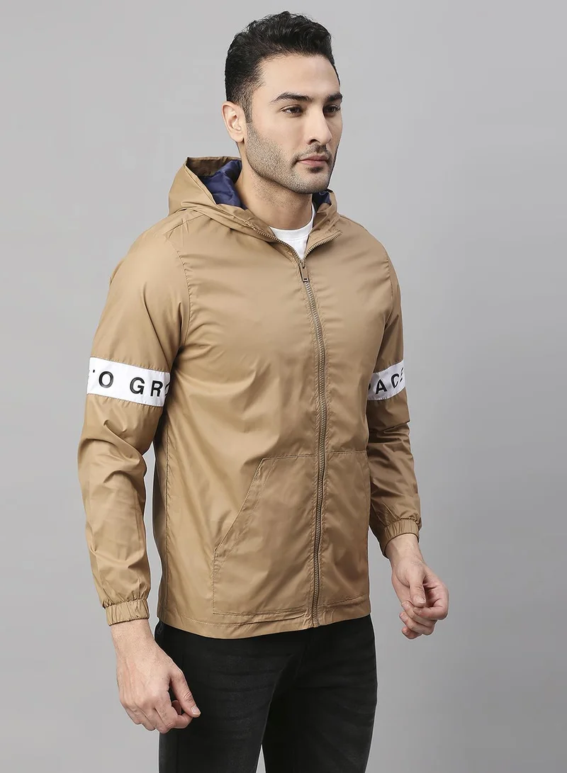 Dennis Lingo Men's Khaki 100% Polyester Striped Regular Fit Jacket