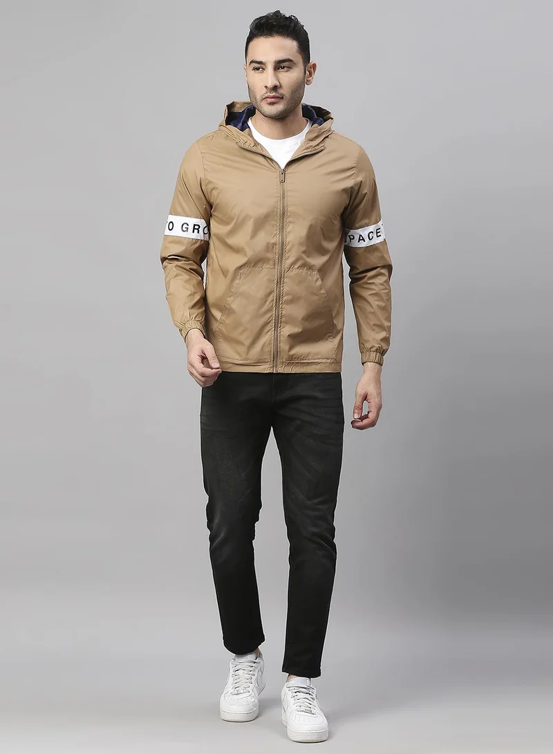 Dennis Lingo Men's Khaki 100% Polyester Striped Regular Fit Jacket