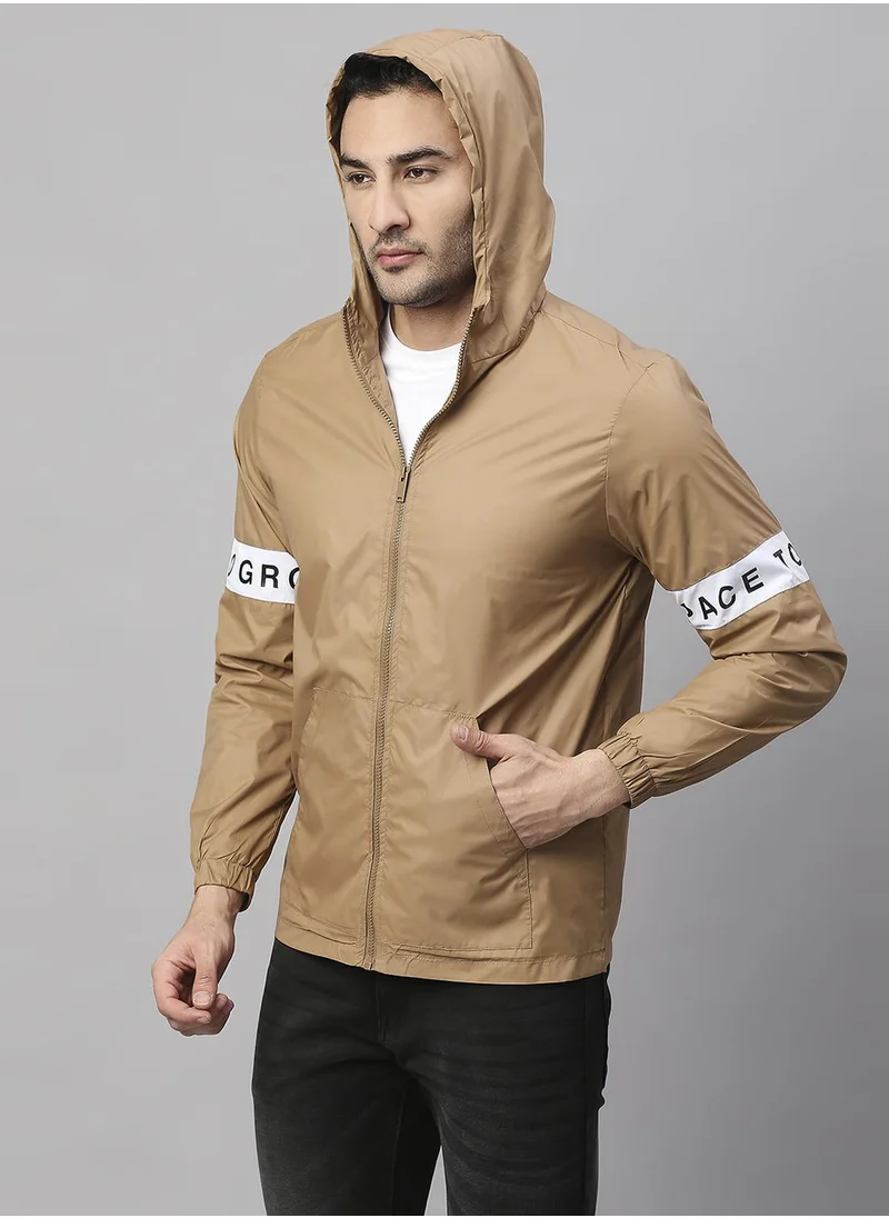 Dennis Lingo Men's Khaki 100% Polyester Striped Regular Fit Jacket