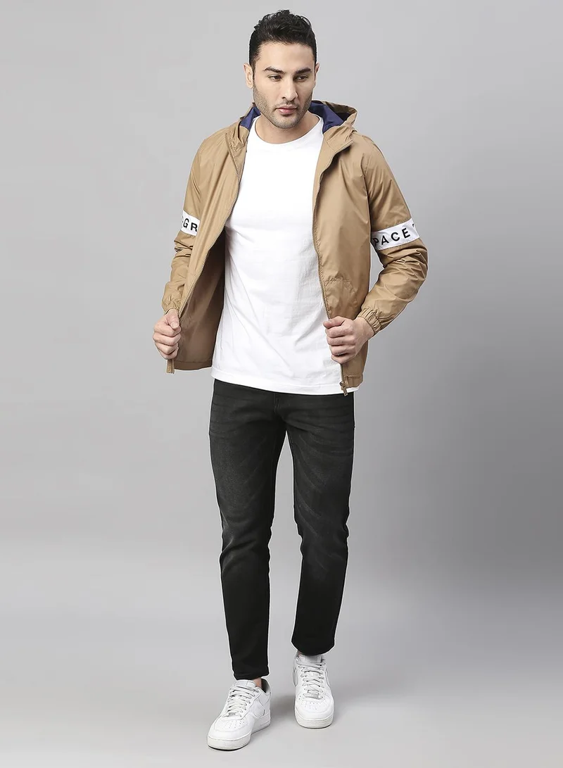 Dennis Lingo Men's Khaki 100% Polyester Striped Regular Fit Jacket