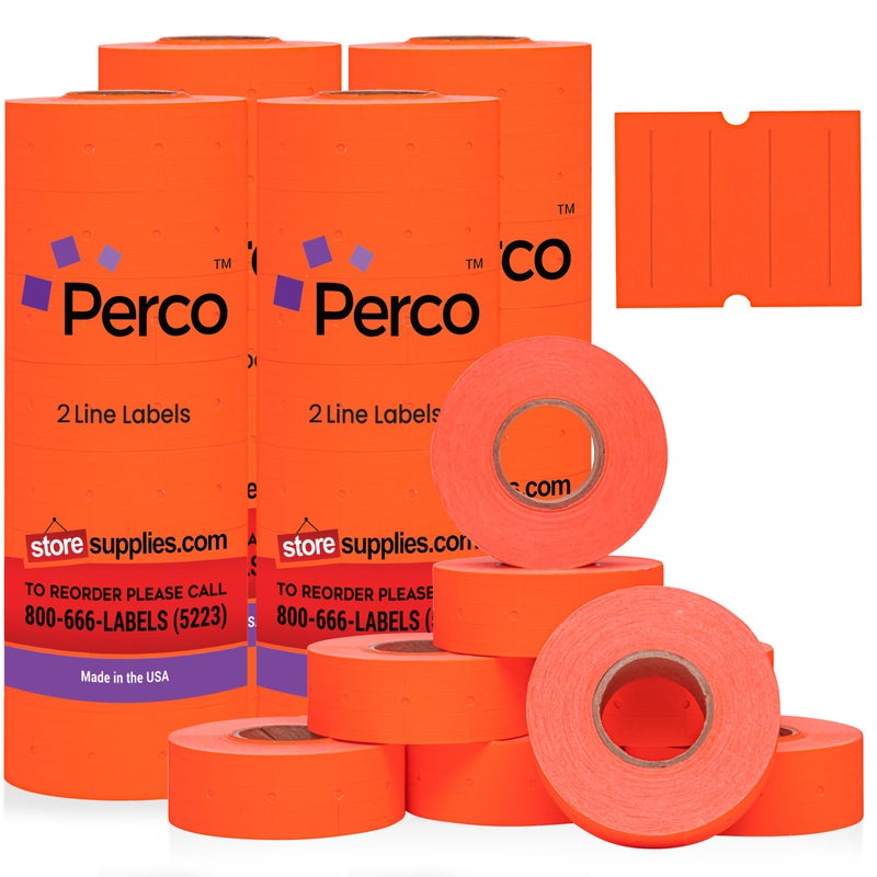 Perco 2 Line Fluorescent Red Labels 32 Rolls 4 Sleeves 24000 Blank Price and Date Gun Labels for Perco 2 Line Price and Date Guns Made in USA