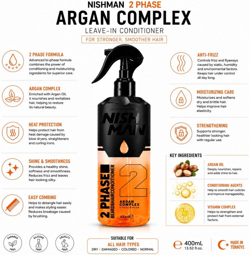 Nishman 2 Phase Conditioner 400 ml  Perfect Moisturising and Styling for All Hair Types  Care Shine and Relaxation in One (Argan Complex) - Image 2