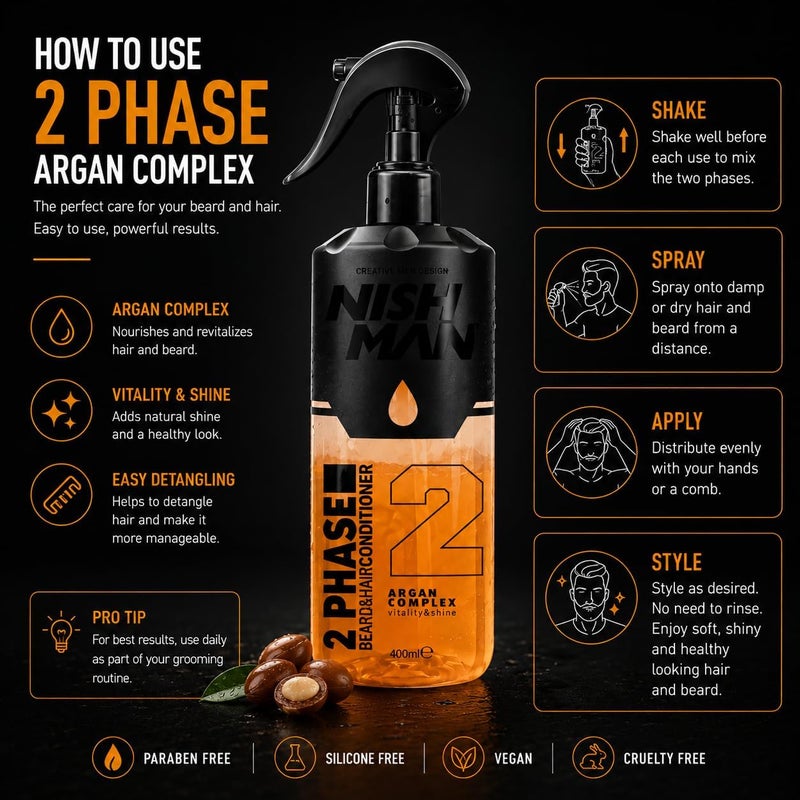 Nishman 2 Phase Conditioner 400 ml  Perfect Moisturising and Styling for All Hair Types  Care Shine and Relaxation in One (Argan Complex) - Image 3