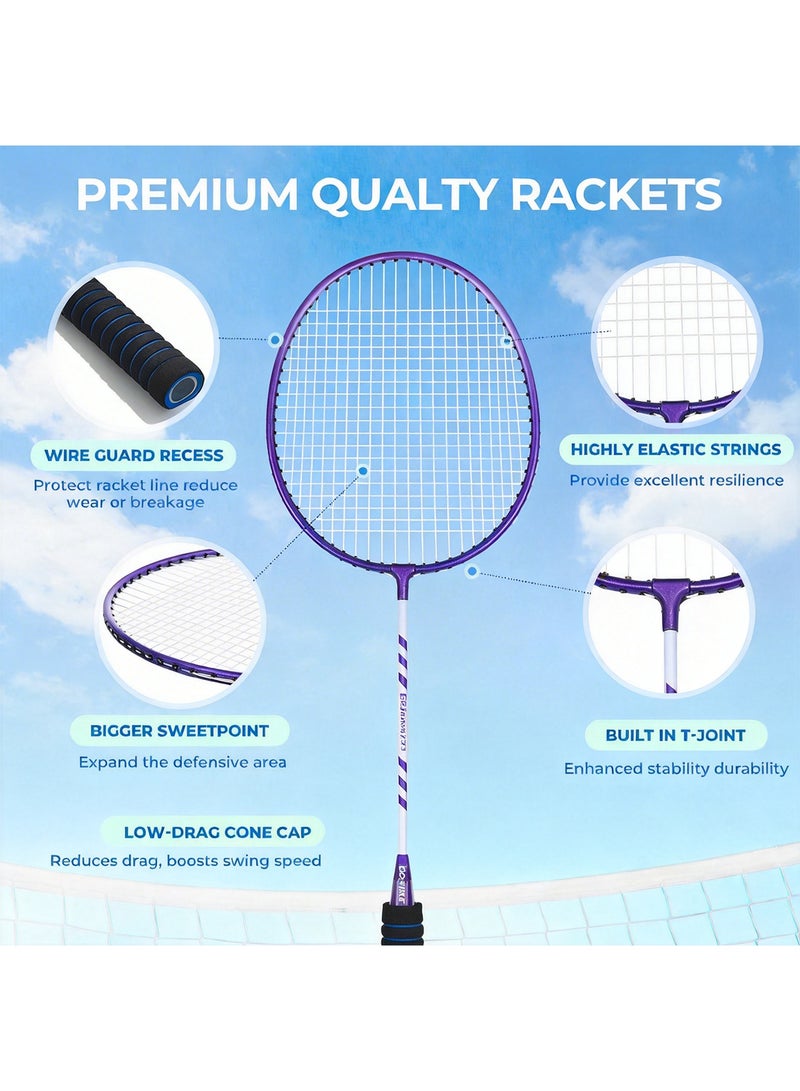 Boshika Badminton Racquets Set for 2 Players Stylish Badminton Rackets with 3 Shuttlecocks and Carrying Bag One Piece Lightweight Racquet for School Sports Clubs and Girls Fitness Purple Blue - Image 4