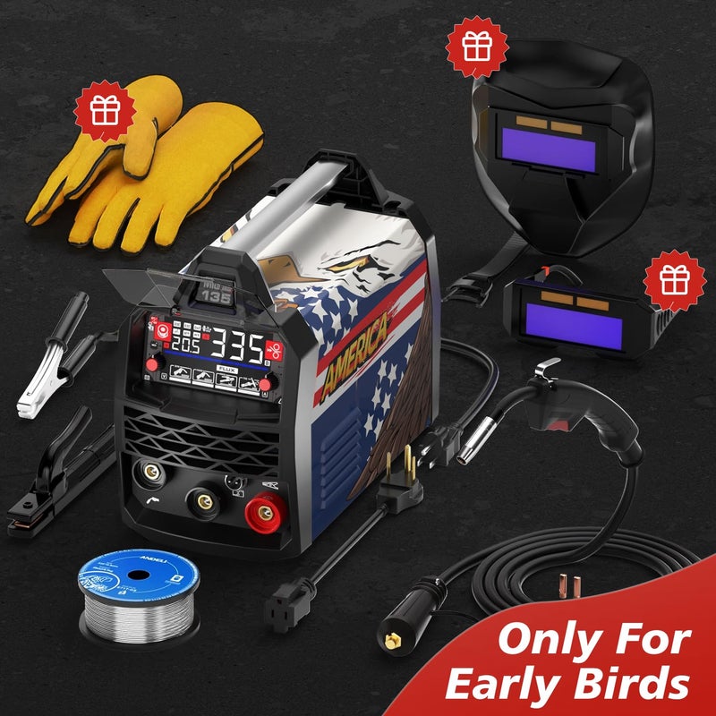 ANDELI 135Amp MIG Welder 110V/220V Dual Voltage, Portable Flux Core MIG/Lift Tig/Stick 3-in-1 Multiprocess MIG Welding Machine with Synergy, LED Display Full Kit (Bonus Welding Helmet & Gloves) - Image 2