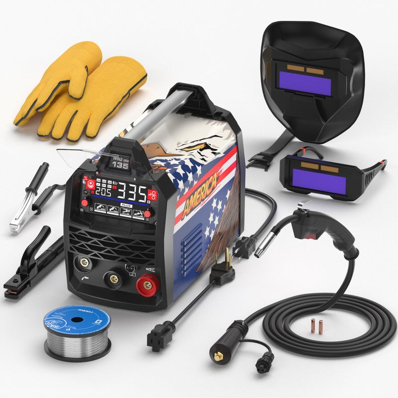 ANDELI 135Amp MIG Welder 110V/220V Dual Voltage, Portable Flux Core MIG/Lift Tig/Stick 3-in-1 Multiprocess MIG Welding Machine with Synergy, LED Display Full Kit (Bonus Welding Helmet & Gloves) - Image 1