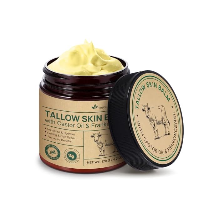 Tallow Balm With Castor Oil and Frankincense Skin Balm, Beef Tallow Moisturizer, Frankincense Oil for Skin, 100% Grass-Fed, Nourish & Repairing Dry Skin, Face & Body Cream