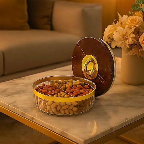 WIAA Airtight Dry Fruit Box with 4 Compartments | Round Acrylic Container with Marble Lid & Gold Rim | Food Grade BPA-Free Multipurpose Storage & Serving Set for Gifting (Brown) - Image 2