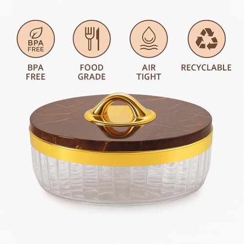 WIAA Airtight Dry Fruit Box with 4 Compartments | Round Acrylic Container with Marble Lid & Gold Rim | Food Grade BPA-Free Multipurpose Storage & Serving Set for Gifting (Brown) - Image 4