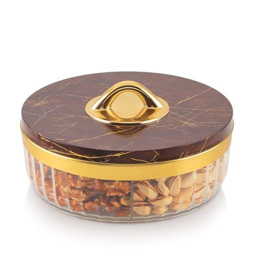 WIAA Airtight Dry Fruit Box with 4 Compartments | Round Acrylic Container with Marble Lid & Gold Rim | Food Grade BPA-Free Multipurpose Storage & Serving Set for Gifting (Brown) - Image 3