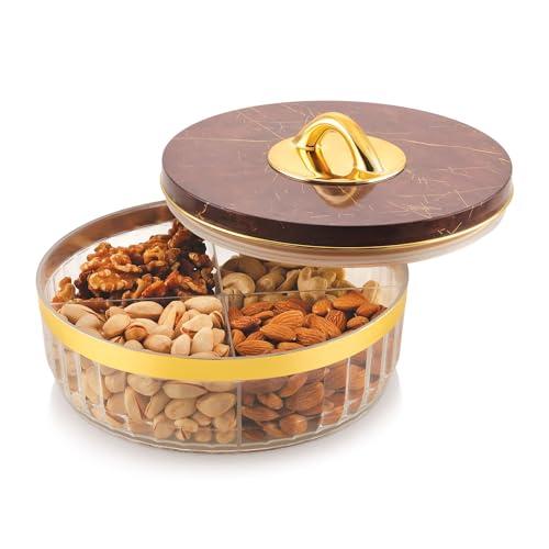 WIAA Airtight Dry Fruit Box with 4 Compartments | Round Acrylic Container with Marble Lid & Gold Rim | Food Grade BPA-Free Multipurpose Storage & Serving Set for Gifting (Brown) - Image 1