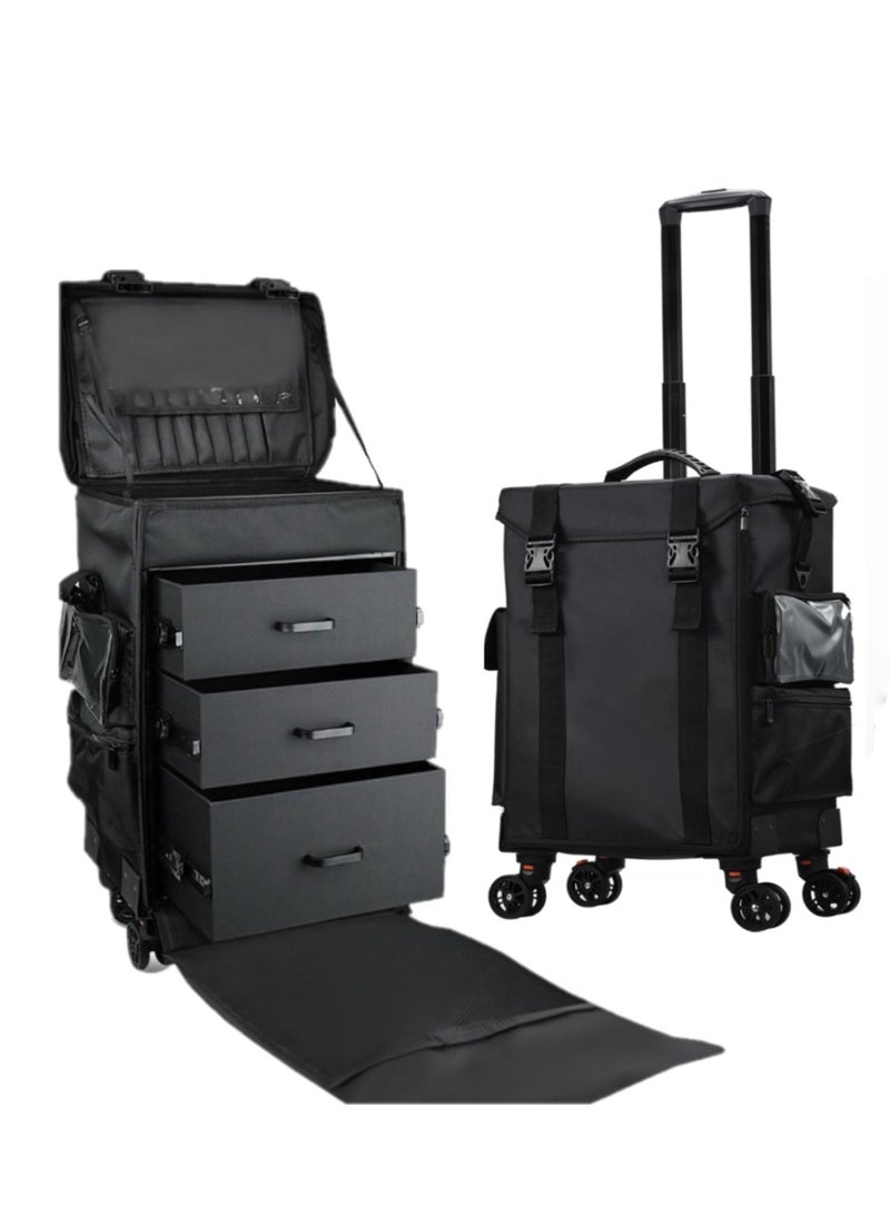 BLC Professional Rolling Makeup Trolley Case with 3-Drawer Storage, Telescoping Handle, 360° Wheels, Portable Cosmetic Artist Travel Organizer, Black - Image 1