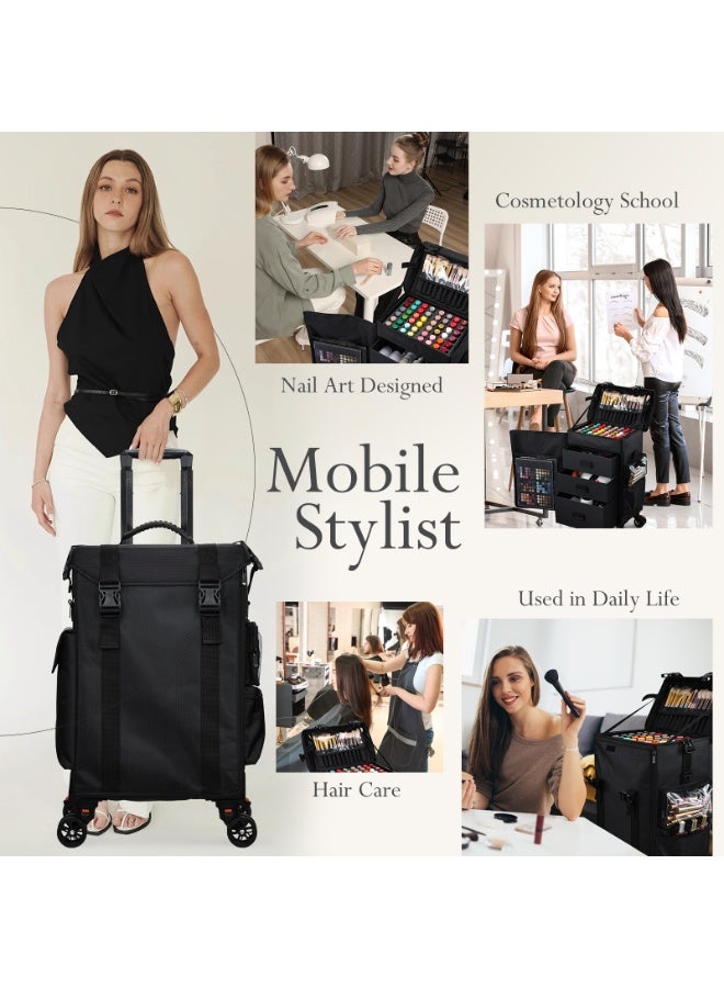 BLC Professional Rolling Makeup Trolley Case with 3-Drawer Storage, Telescoping Handle, 360° Wheels, Portable Cosmetic Artist Travel Organizer, Black - Image 2