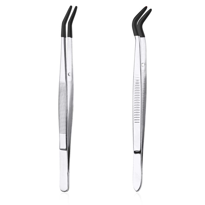XIHIRCD 2pcs Bent Tweezers with Rubber Tips, Curved Flat Tip Tweezer Stainless Steel Angled Grip Gem Stamp Sticker Non-Slip Long Crafting Tweezer Tool for Bead Craft Hobby Jewelry Making Garden(Black) - Image 1