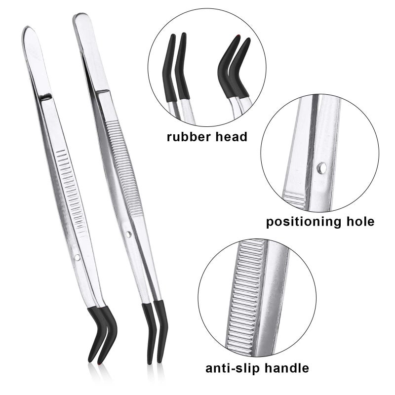 XIHIRCD 2pcs Bent Tweezers with Rubber Tips, Curved Flat Tip Tweezer Stainless Steel Angled Grip Gem Stamp Sticker Non-Slip Long Crafting Tweezer Tool for Bead Craft Hobby Jewelry Making Garden(Black) - Image 3