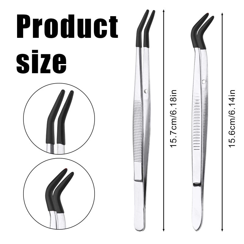 XIHIRCD 2pcs Bent Tweezers with Rubber Tips, Curved Flat Tip Tweezer Stainless Steel Angled Grip Gem Stamp Sticker Non-Slip Long Crafting Tweezer Tool for Bead Craft Hobby Jewelry Making Garden(Black) - Image 2