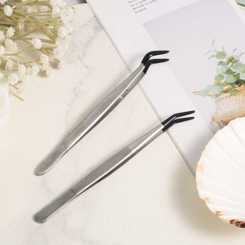 XIHIRCD 2pcs Bent Tweezers with Rubber Tips, Curved Flat Tip Tweezer Stainless Steel Angled Grip Gem Stamp Sticker Non-Slip Long Crafting Tweezer Tool for Bead Craft Hobby Jewelry Making Garden(Black) - Image 4