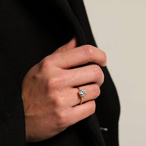 espere 18K Gold Plated Sterling Silver Round Cut 2 Carat Cubic Zirconia Solitaire Engagement Ring | Women's Thin Band CZ Promise Ring - Image 3