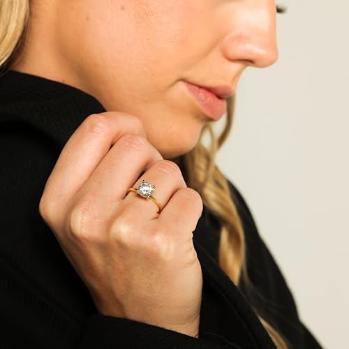 espere 18K Gold Plated Sterling Silver Round Cut 2 Carat Cubic Zirconia Solitaire Engagement Ring | Women's Thin Band CZ Promise Ring - Image 4