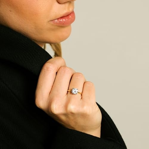 espere 18K Gold Plated Sterling Silver Round Cut 2 Carat Cubic Zirconia Solitaire Engagement Ring | Women's Thin Band CZ Promise Ring - Image 2