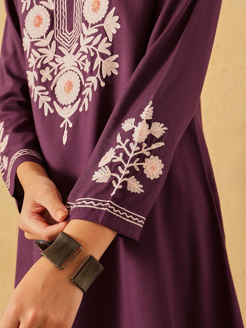 QAZMI Women's Kashmiri A-Line Flared Kurti_XS Dark Wine - Image 5