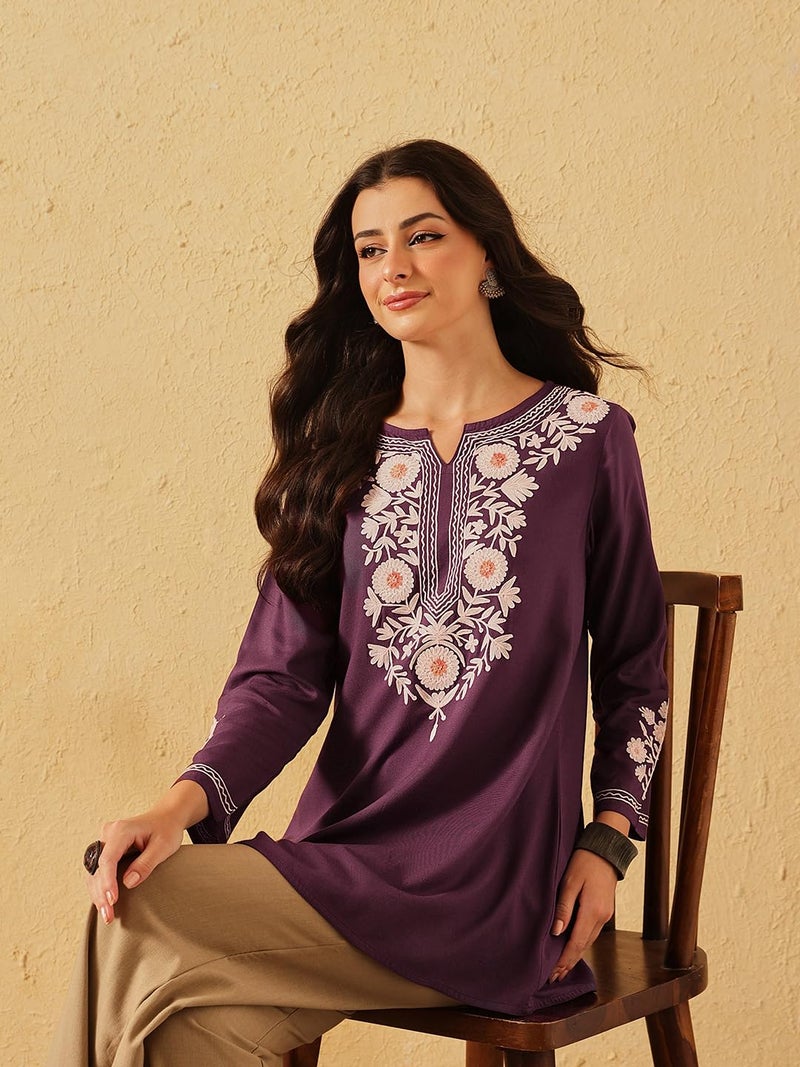 QAZMI Women's Kashmiri A-Line Flared Kurti_XS Dark Wine - Image 2