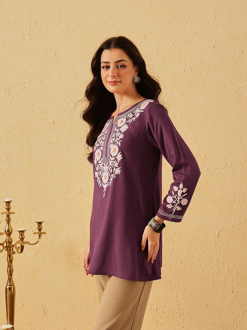 QAZMI Women's Kashmiri A-Line Flared Kurti_XS Dark Wine - Image 3