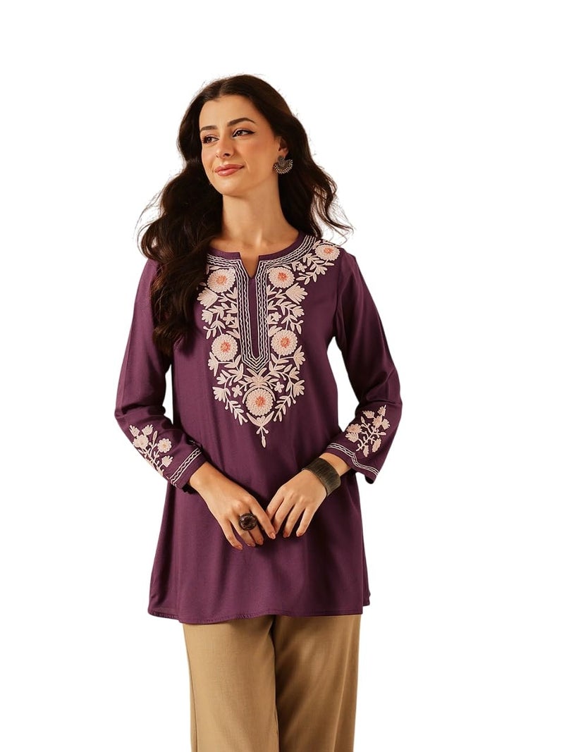QAZMI Women's Kashmiri A-Line Flared Kurti_XS Dark Wine - Image 1