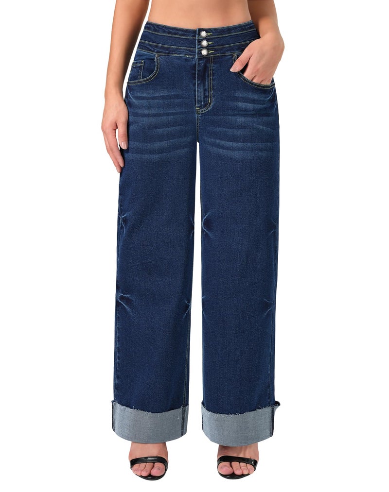 roswear Women's High Waisted Stretchy Wide Leg Jeans Cuffed Baggy Jeans Loose Denim Pants Classic Blue195 Large - Image 1