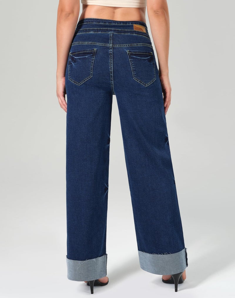 roswear Women's High Waisted Stretchy Wide Leg Jeans Cuffed Baggy Jeans Loose Denim Pants Classic Blue195 Large - Image 3