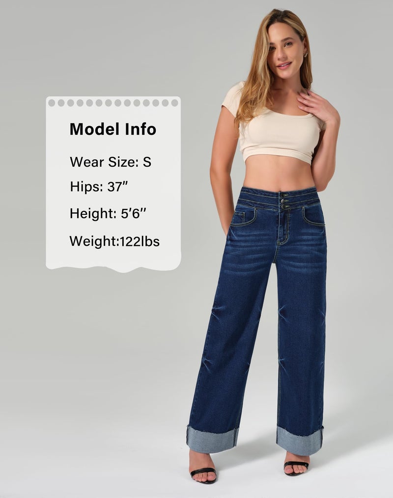 roswear Women's High Waisted Stretchy Wide Leg Jeans Cuffed Baggy Jeans Loose Denim Pants Classic Blue195 Large - Image 4
